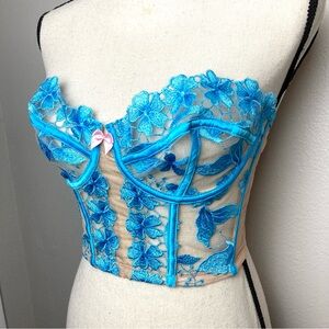 *Like New* Blue Embroidered Corset || Sheer Floral Bustier || Underwire Lingerie